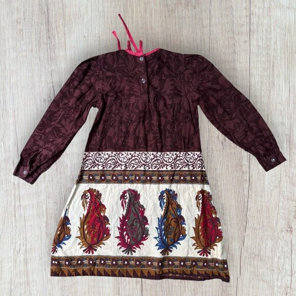 YO BABY Girls Fall Paisley Red Thanksgiving Printed Tie Cotton Shift Dress 7 - Picture 4 of 5